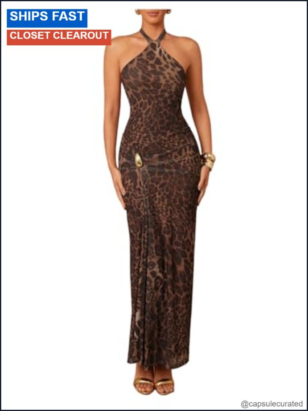 Cheetah Print Halter Maxi Dress Sexy Metal Ruched Bodycon Party Night